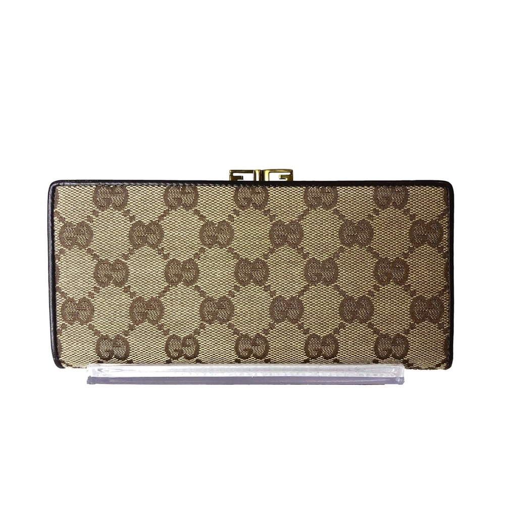 Gucci Beige and Brown Monogram Wallet Kiss Lock Vintage Double Sided Wallet